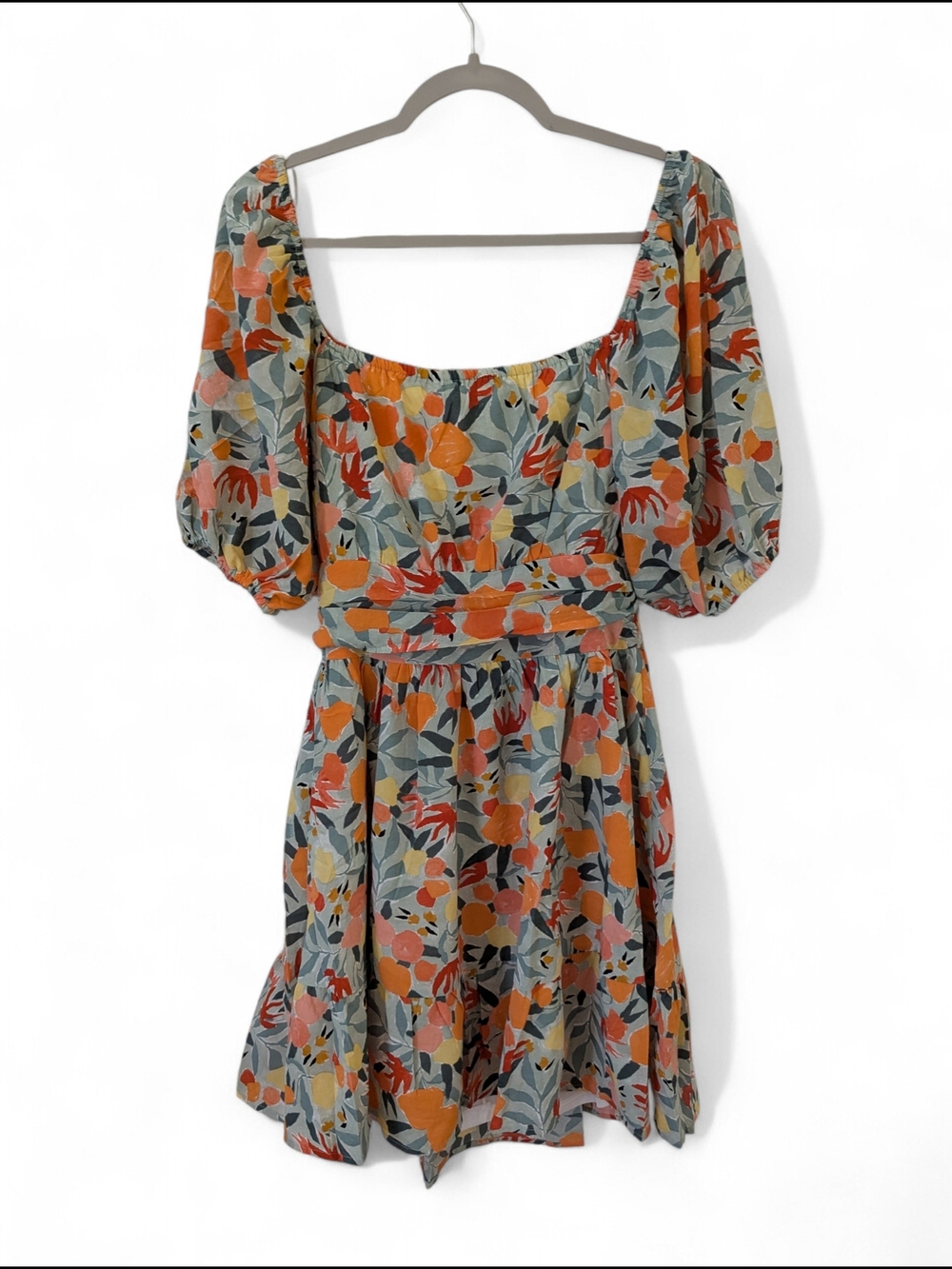 Umgee Floral Puff-Sleeve Mini Dress in Orange and Green